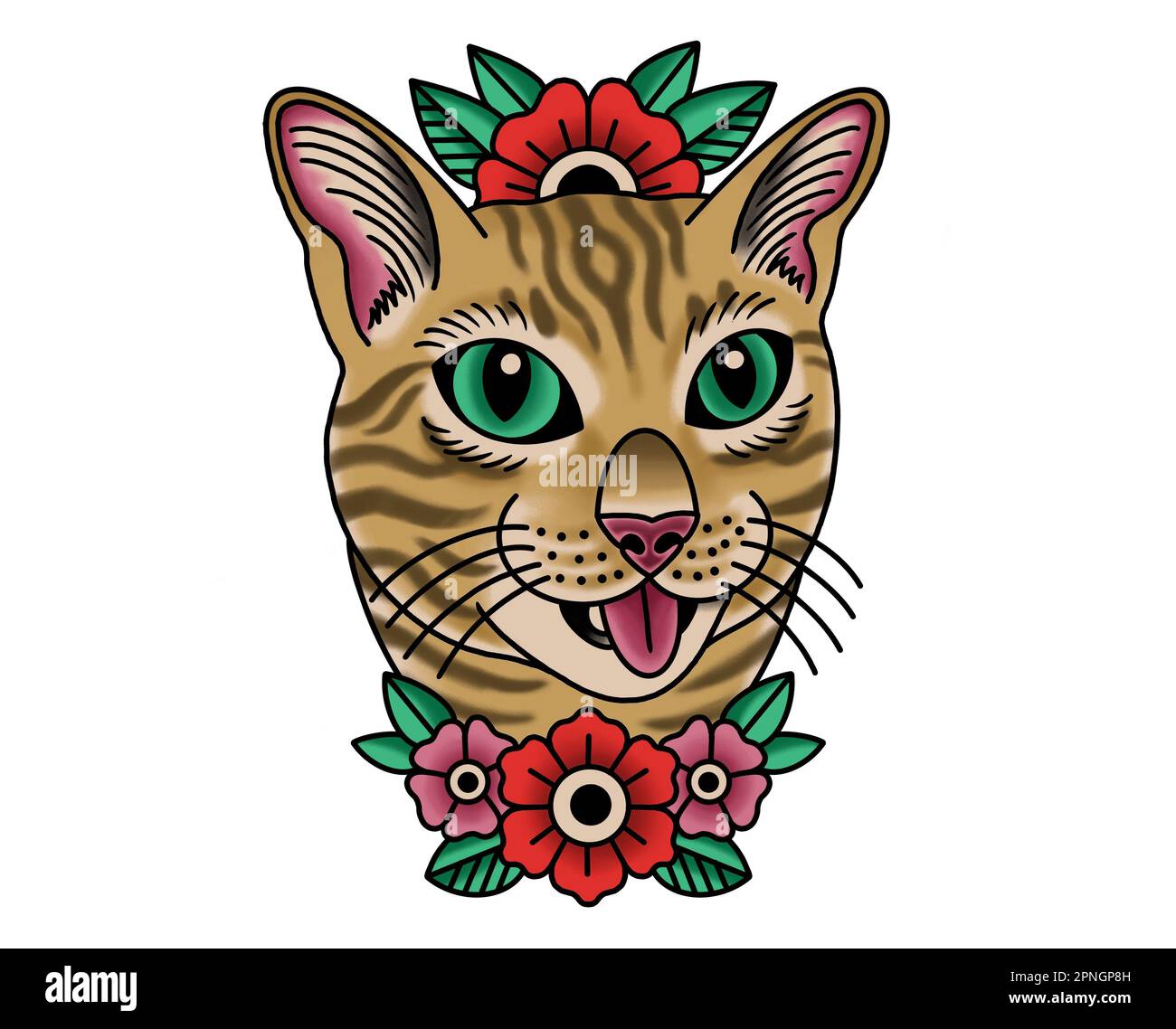 Cute funny tabby Cat portrait with flowers, full color on white background inspired by tattoo art style Stock Photo