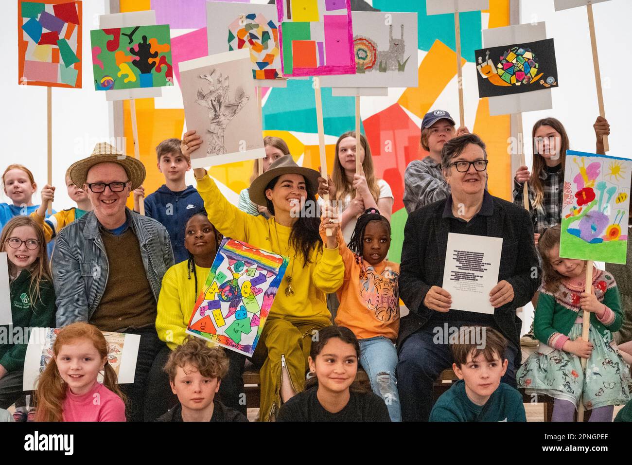 London, UK.  19 April 2023. Children at Tate Modern, joined by leading artists Es Devlin, Mark Wallinger and Bob and Roberta Smith, present creations of animal images inspired by Matisse’s famous collage ‘The Snail’ in support of The Wild Escape campaign which highlights the UK’s biodiversity crisis.  Their works will form part of a digital imaginary world, designed by BAFTA winning games studio Preloaded, which will go live on Thursday 20 April and will be the largest ever artwork made with children. Credit: Stephen Chung / Alamy Live News Stock Photo