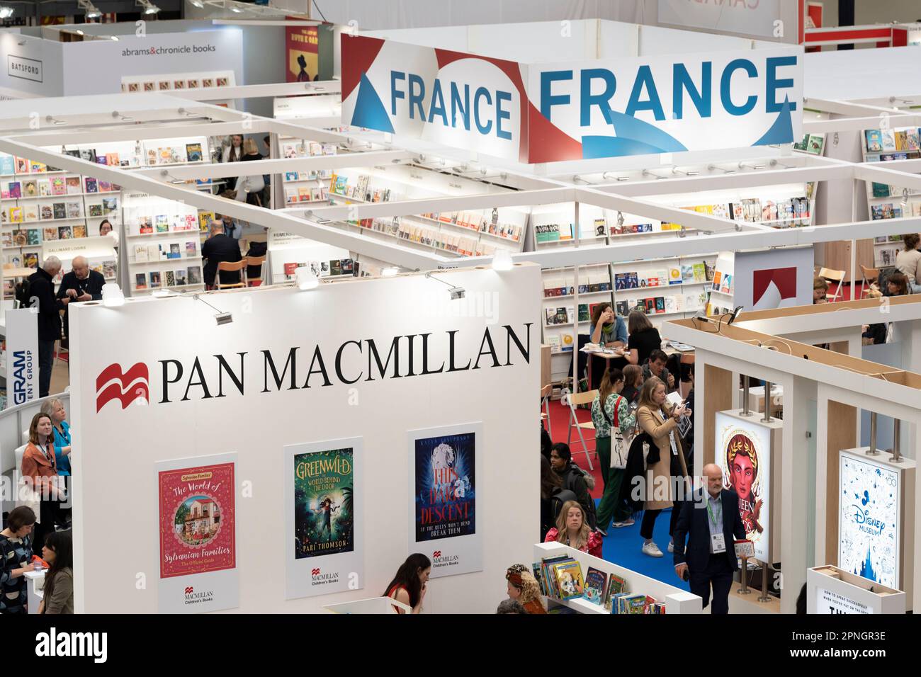 The Pan Macmillan stand during the first day of the London Book Fair at Hammersmith's Olympia Exhibition Hall, on 18th April 2023, in London, England. The three-day international London Book Fair (LBF) is an annual publishing industry expo and Europe's largest spring book fair that typically attracts 25,000 visitors; exhibitors from across the publishing sector; authors hoping for their book ideas to be commissioned and where international publication rights deals are made for foreign editions. Stock Photo