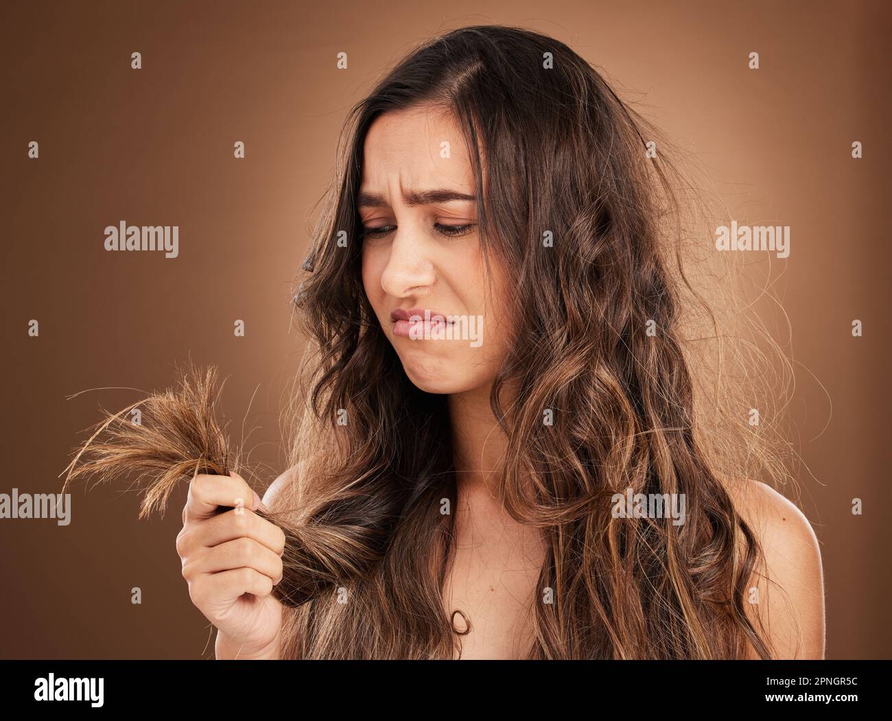 Beauty, crisis and sad woman in studio with hair loss, dry and damage against brown background. Haircare, fail and girl model frustrated with weak Stock Photo