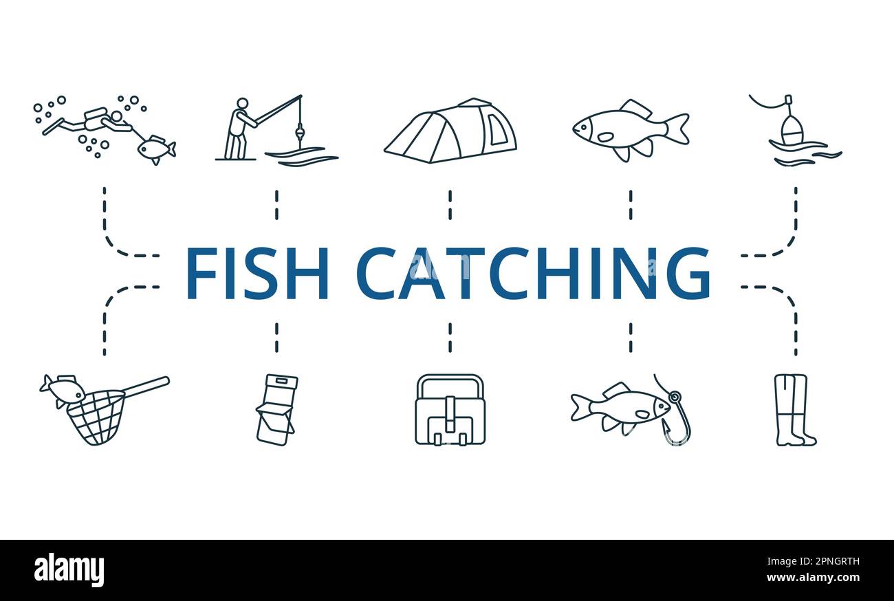 Fish catching outline set. Creative icons: spearfishing, fisherman, tent, fish, float, landing net, folding chair, fishing bag, fish on hook, fishing Stock Vector