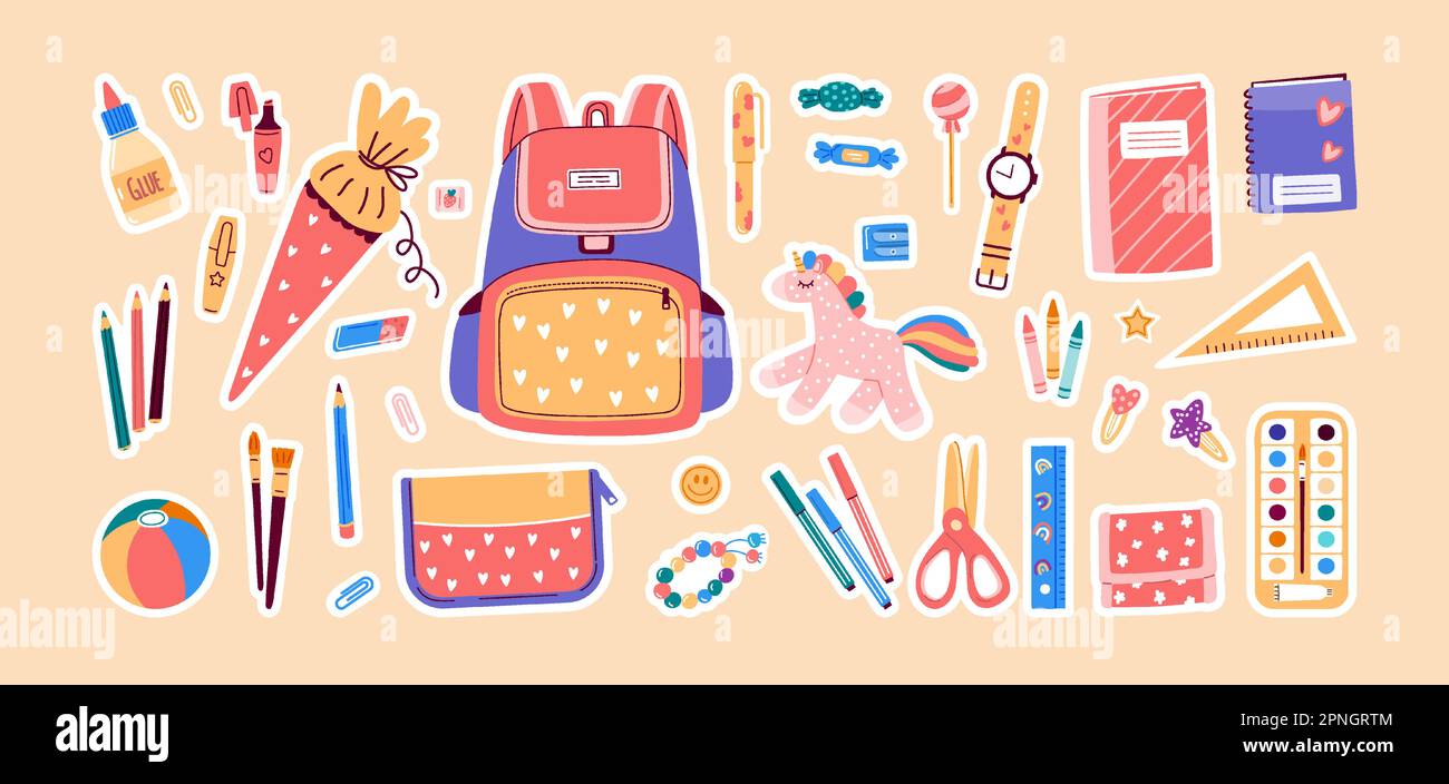 Back to school stickers with stationery objects.Vector illustration ...