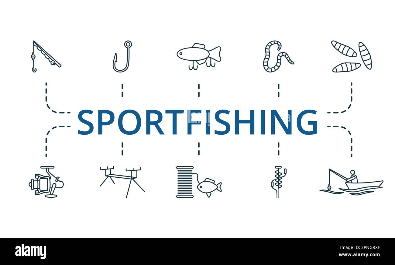 Sportfishing outline set. Creative icons: fishing rod, fishing hook, lure, worm, maggots, fishing reel, rod pod, fishing line, ice drill, boat fishing Stock Vector