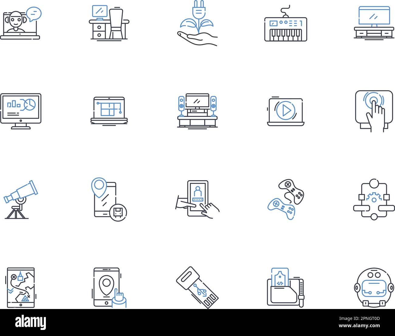 Apparatus line icons collection. Machine, Equipment, Device, Instrument, Tool, Mechanism, Appliance vector and linear illustration. Gadget,Contraption Stock Vector