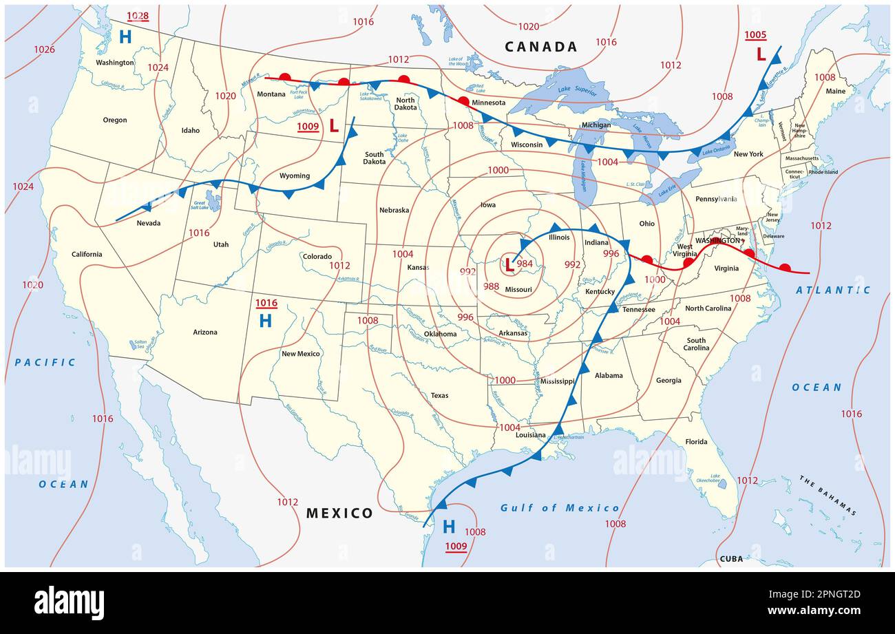 Fictional map of North America with isobars and weather fronts. Meteorological forecast. Stock Photo