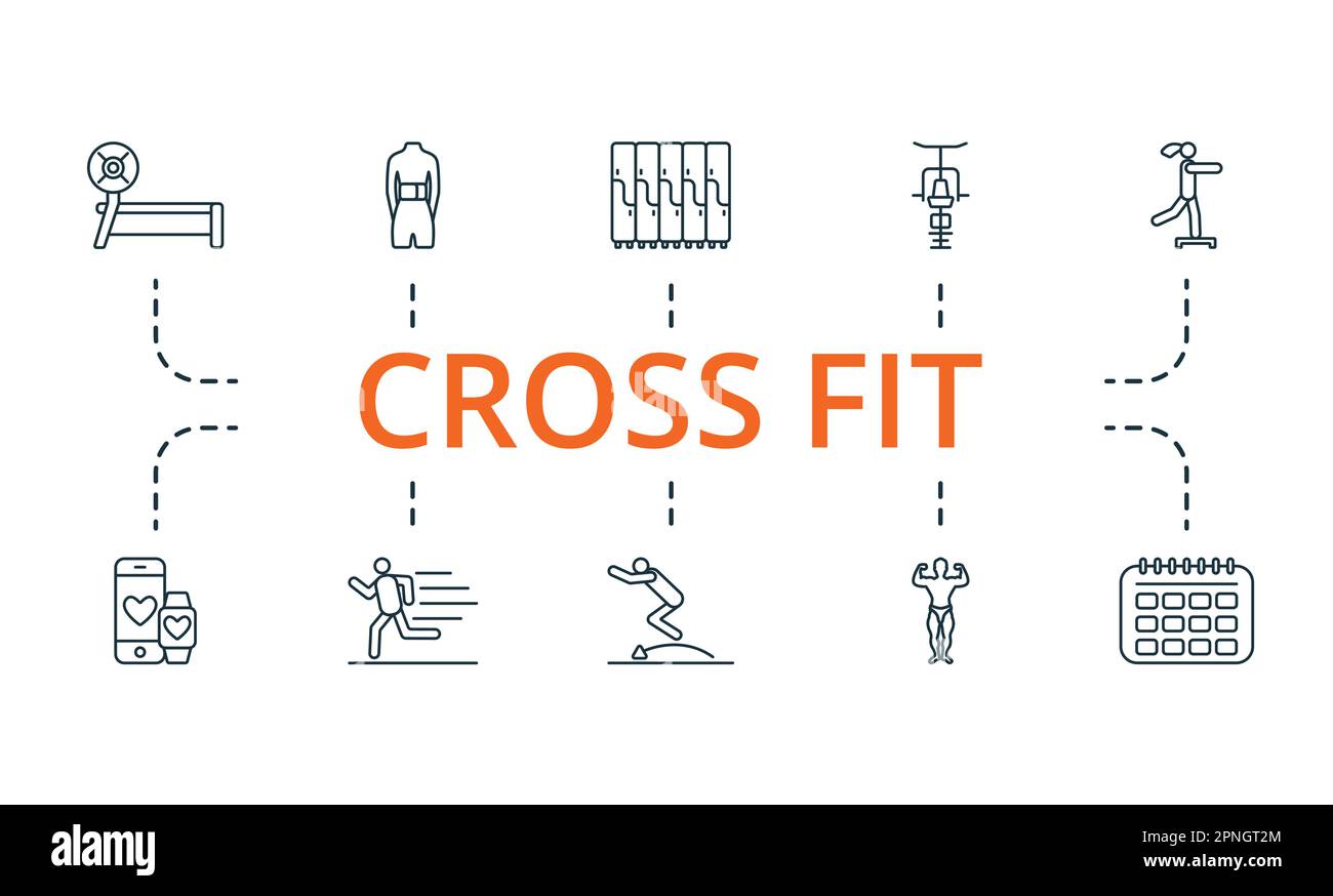 Cross fit outline set. Creative icons: trainer rod, lumbar belt, locker, gym station, fitness step, health tracking, running, jumping, bodybuilding Stock Vector