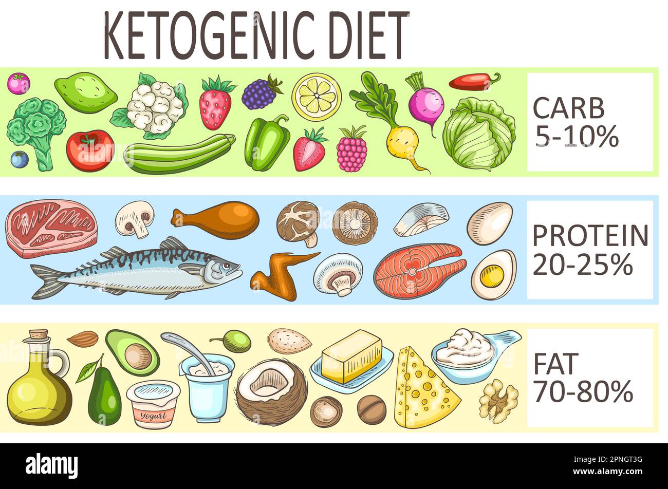 Ketogenic diet low carb food. Carbohydrate, protein and fats balance infographics. Healthy food concept. Stock Photo