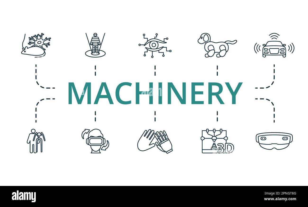 Machinery outline set. Creative icons: optogenetics, holographic ...