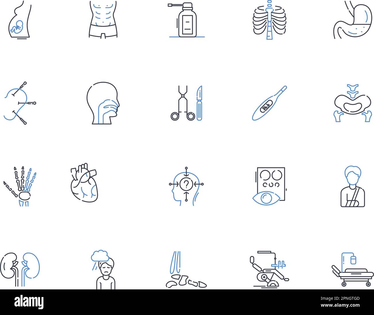 Surgery center line icons collection. Scalpel, Anesthesia, Incision, Recovery, Operating room, Sterilization, Anesthetist vector and linear Stock Vector