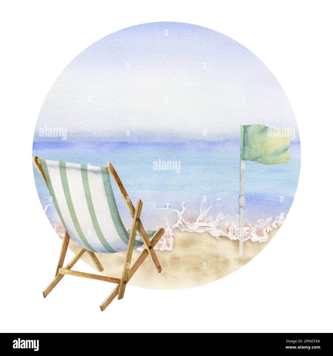 Hand drawn watercolor composition. Seascape with beach green flag and ...
