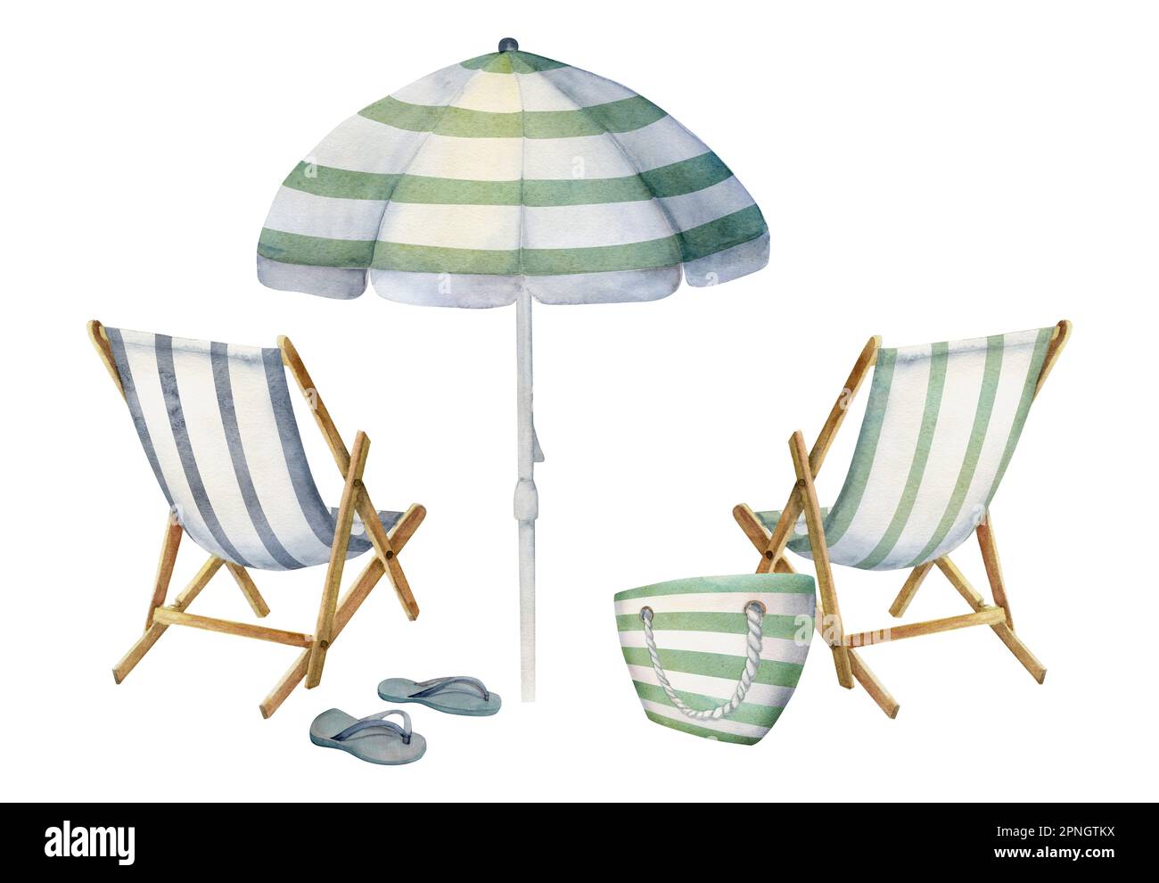 Hand drawn watercolor composition. Striped beach accessories, umbrellas and chairs on sand. Isolated on white background. Design wall art, wedding Stock Photo