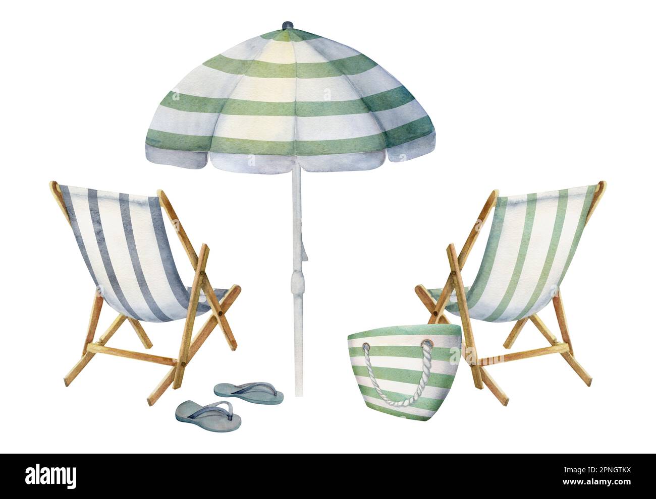 Hand drawn watercolor composition. Striped beach accessories, umbrellas ...
