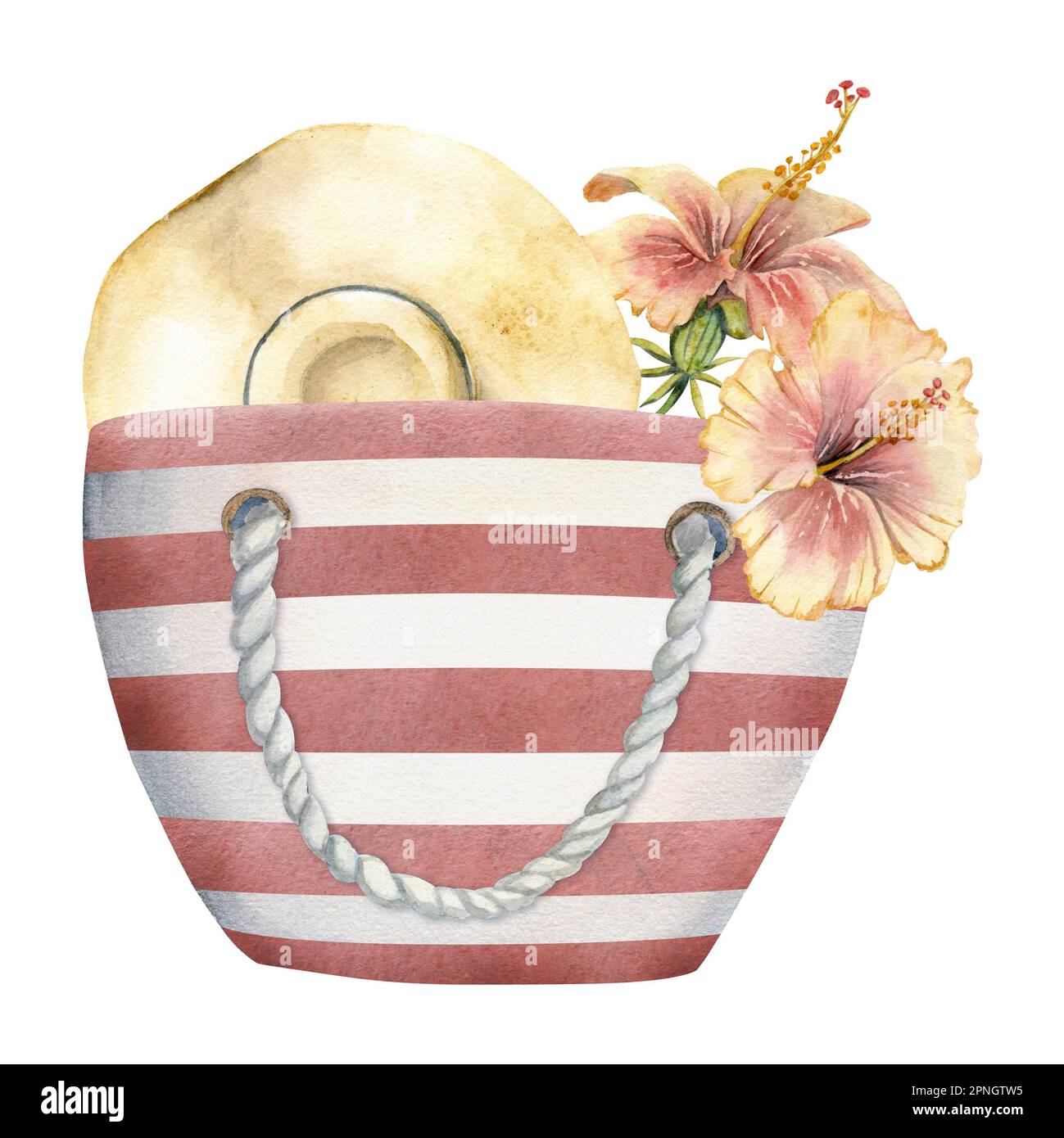 Hand drawn watercolor composition. Striped beach bag, straw sun hat ...