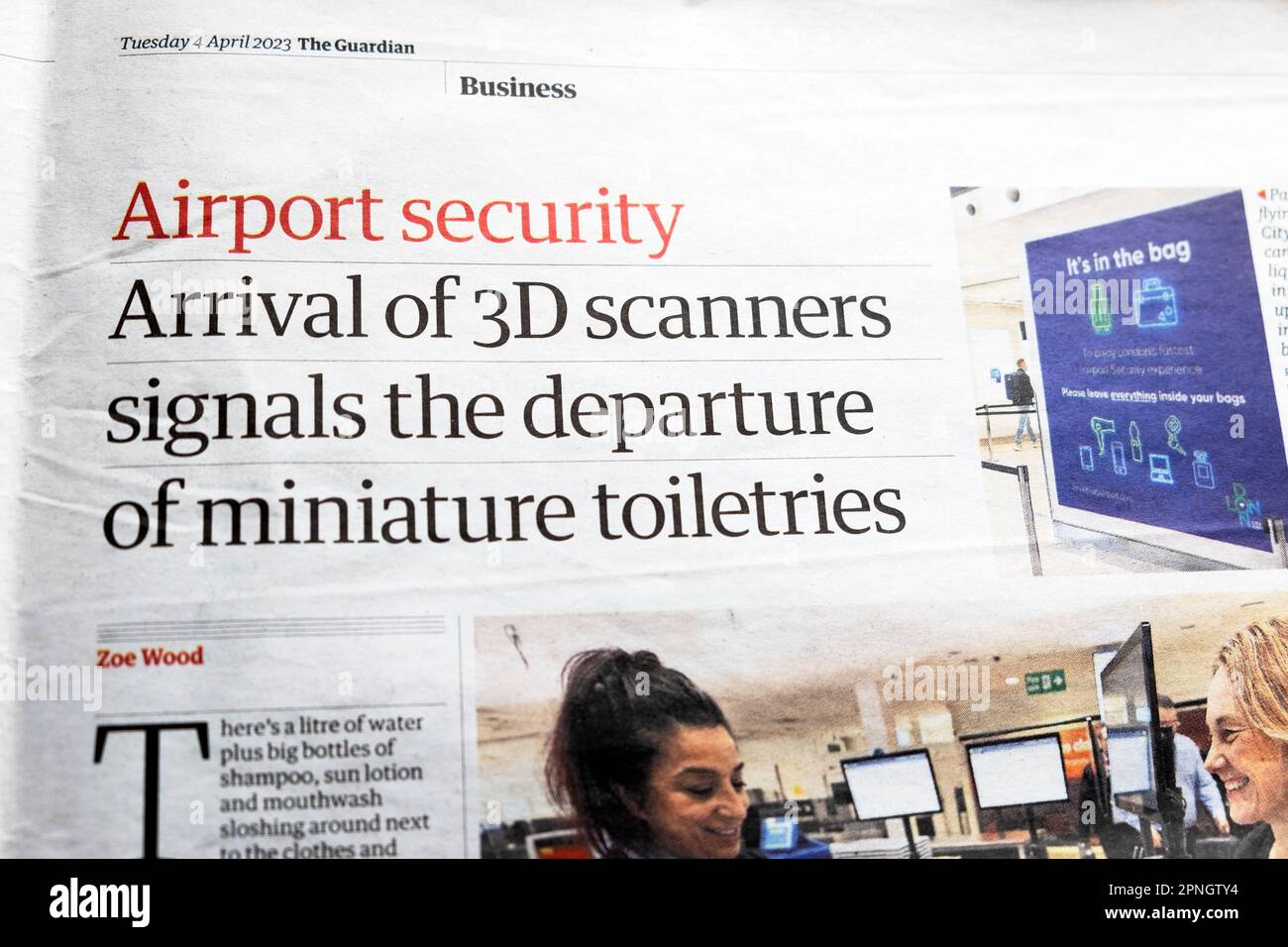'Airport security Arrival of 3D scanners signals the departure of miniature toiletries' Guardian newspaper headline liquids article  5 April 2023 UK Stock Photo