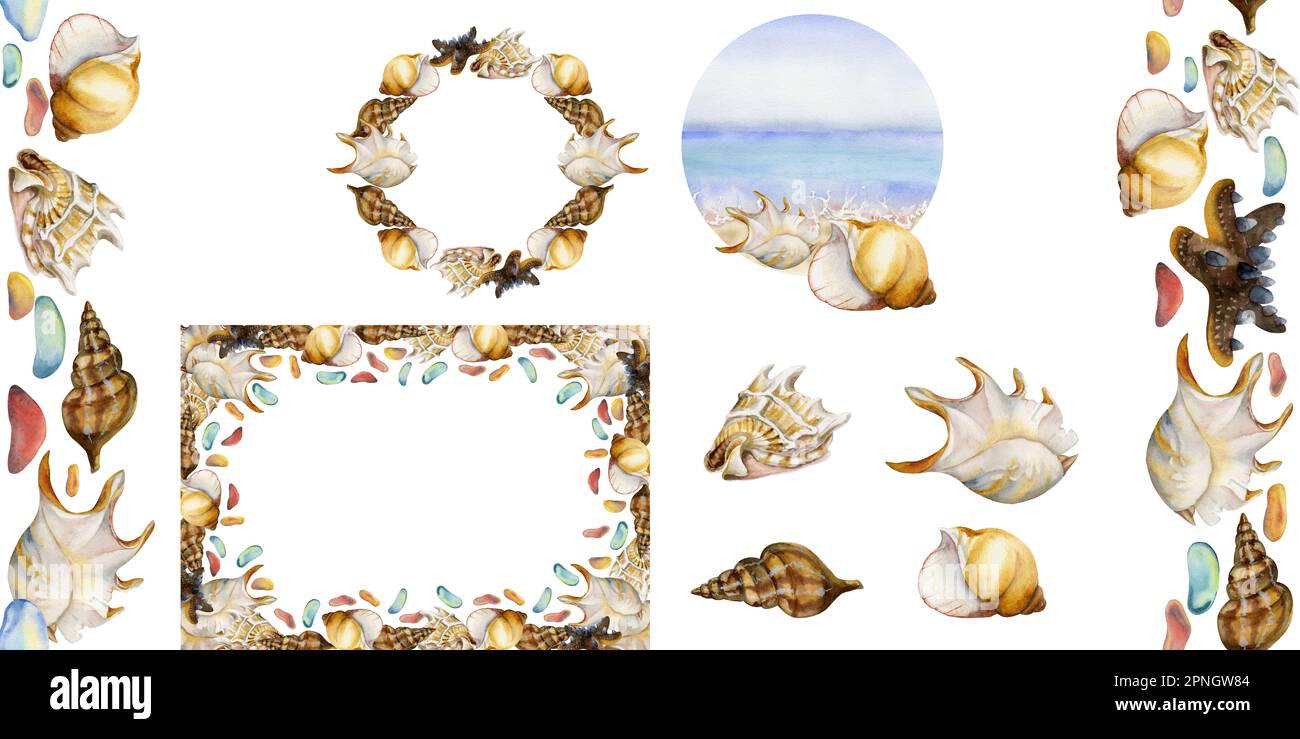 Hand drawn watercolor set of compositions. Beach accessories, sea sand ...