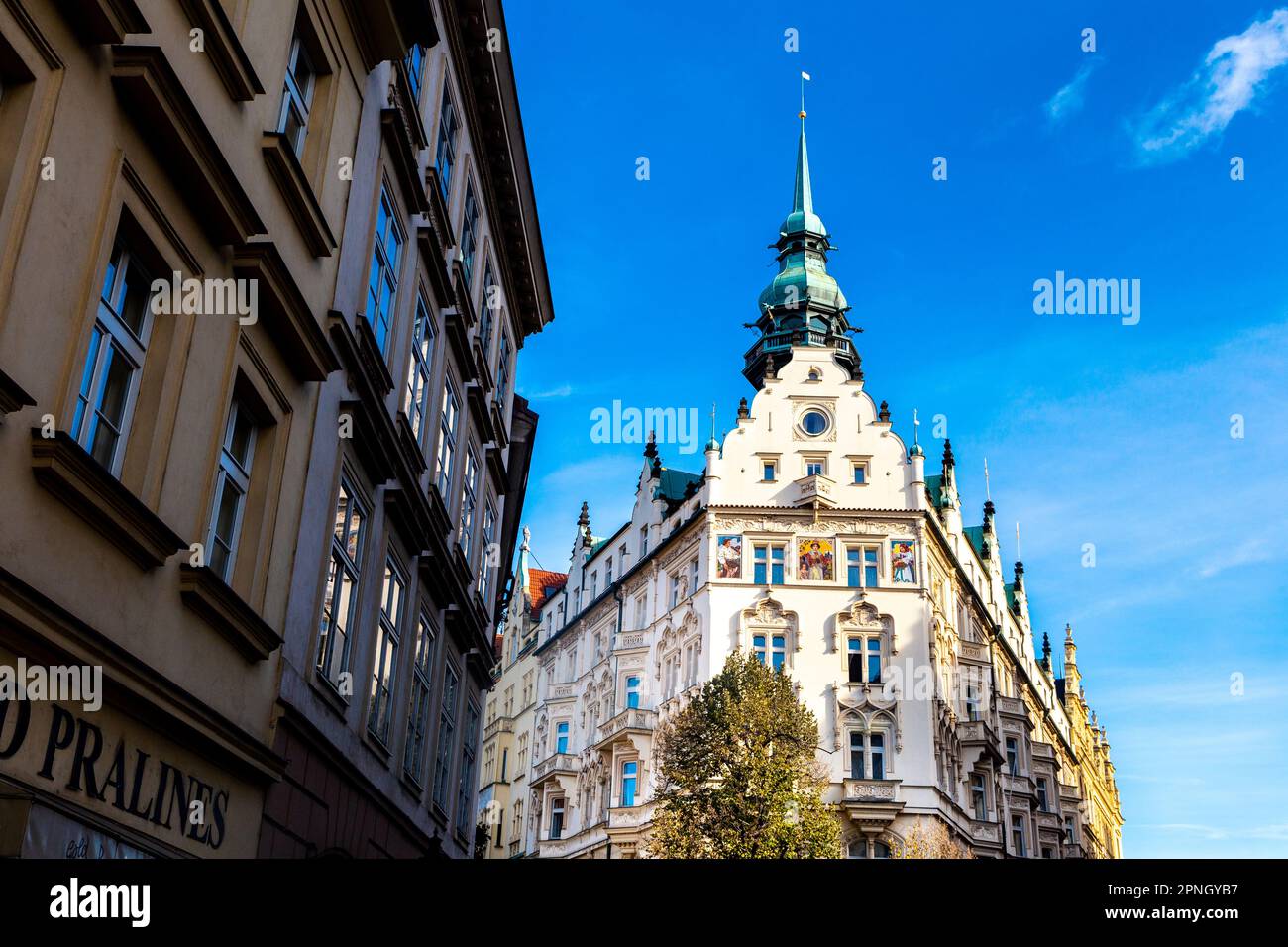 Ornate exterior of Hotel Paris Prague on Králodvorská street, Old Town, Prague, Czech Republic Stock Photo