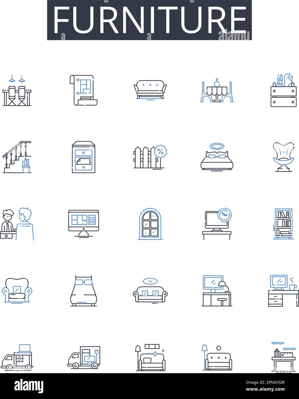 Furniture line icons collection. Chair, Table, Sofa, Cabinet, Cabinetmaker, Piece, Furnishings vector and linear illustration. Settee,Armchair Stock Vector