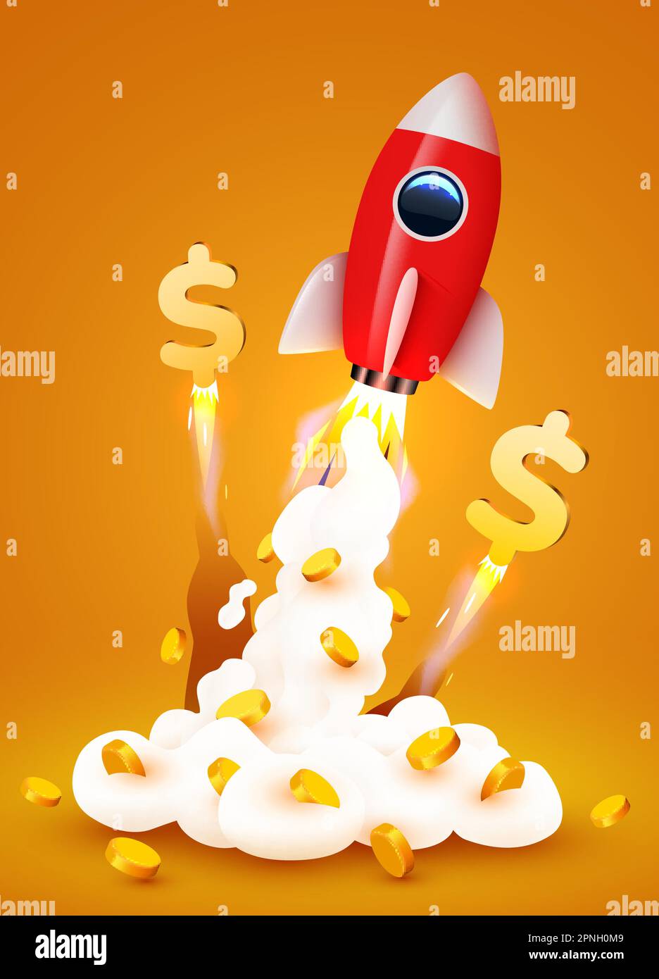 Rocket launching with smoke and dollar flying coins. Business start up ...
