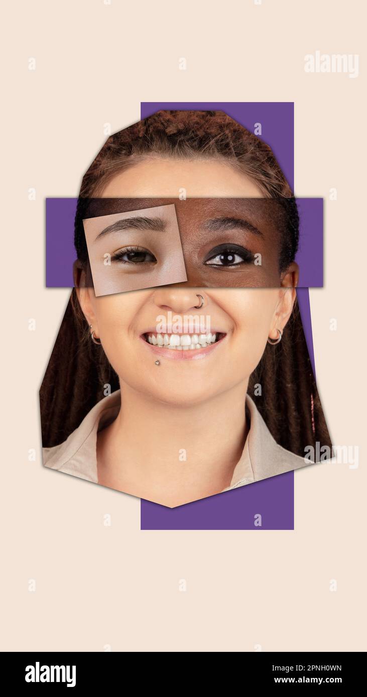 Female head made from women's faces of different nationalities, age and skin color. Contemporary