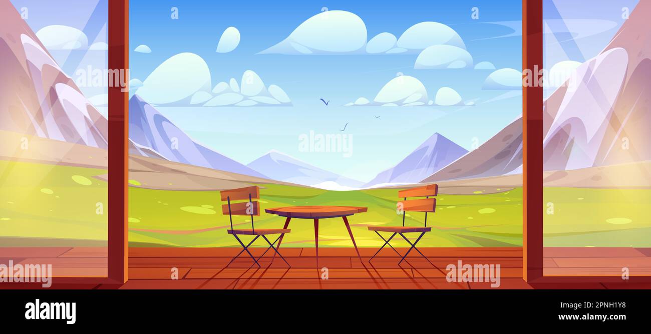 Wooden patio with Alpine mountain view. Vector cartoon illustration of chalet porch with table, chairs and glass door, rocky landscape and green valley under blue sunny sky. Travel and recreation Stock Vector