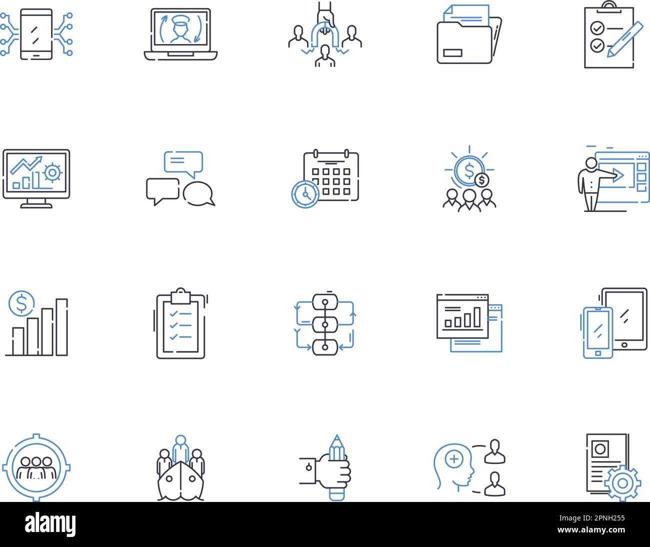 Integrating companies line icons collection. Consolidation, Synergy, Merger, Unification, Alliance, Partnership, Collaboration vector and linear Stock Vector