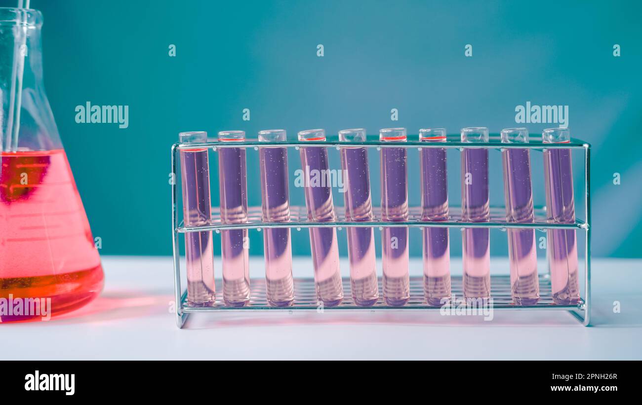 Test tube and erlenmeyer flask filled red, purple chemicals sample for