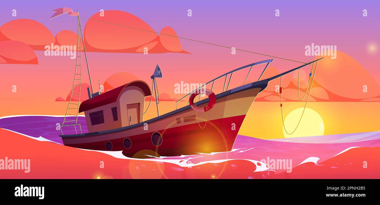 Cartoon boat floating in sea against sunset background. Vector illustration  of old fishing or patrol boat