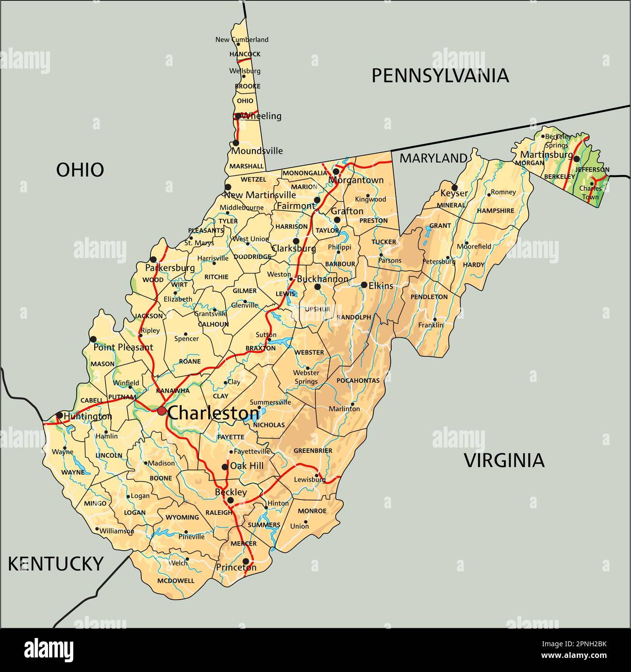 High detailed West Virginia physical map with labeling. Stock Vector