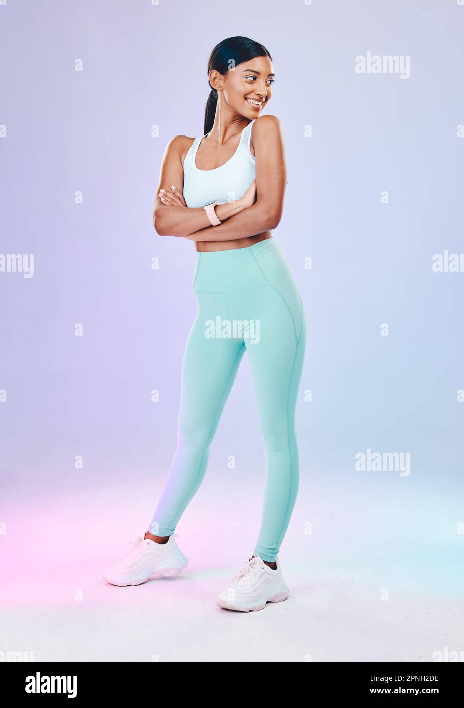 One Arm Model Woman, fitness and arms crossed in neon studio with smile, wellness and ...