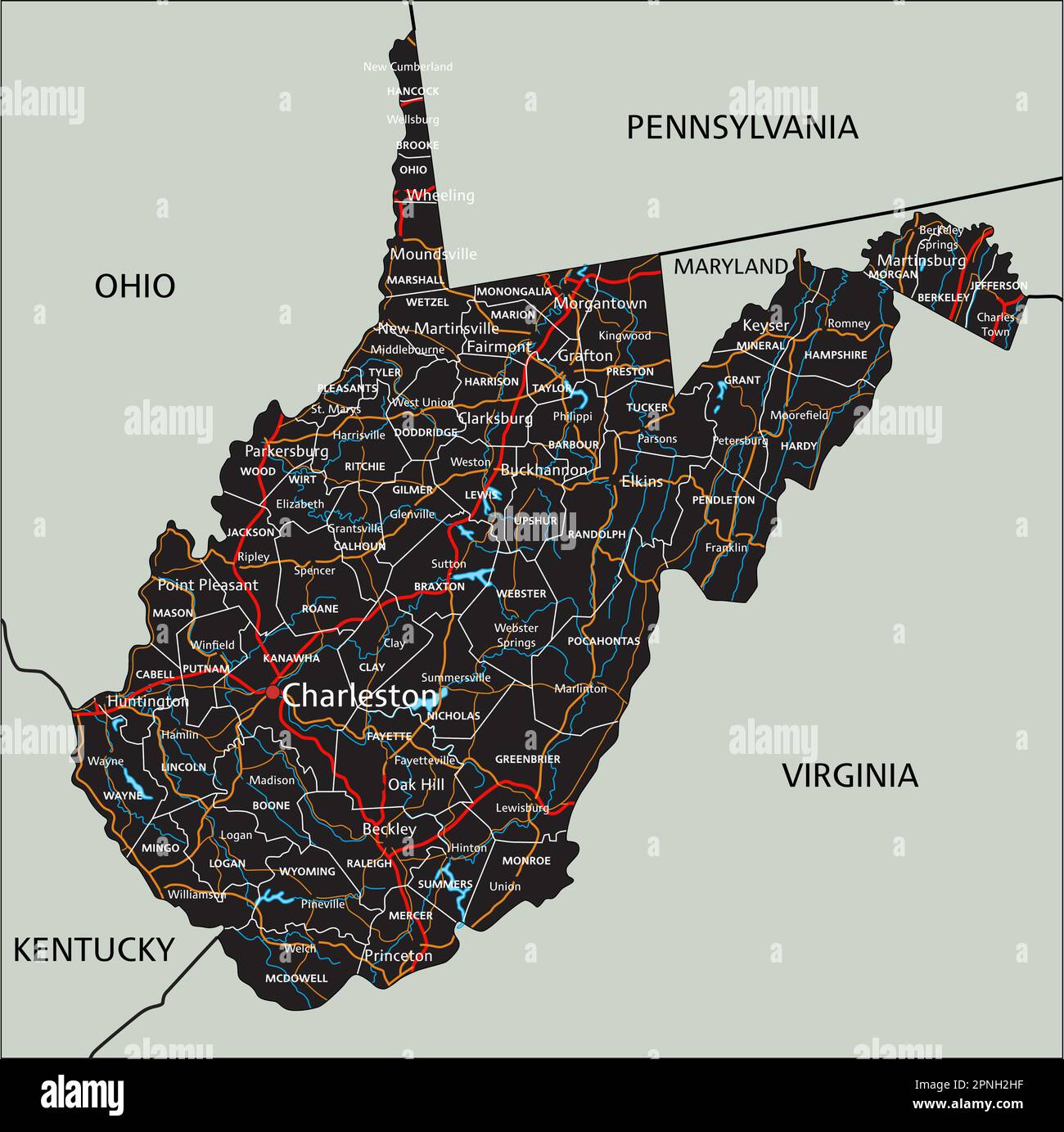 High detailed West Virginia road map with labeling Stock Vector Image & Art Alamy