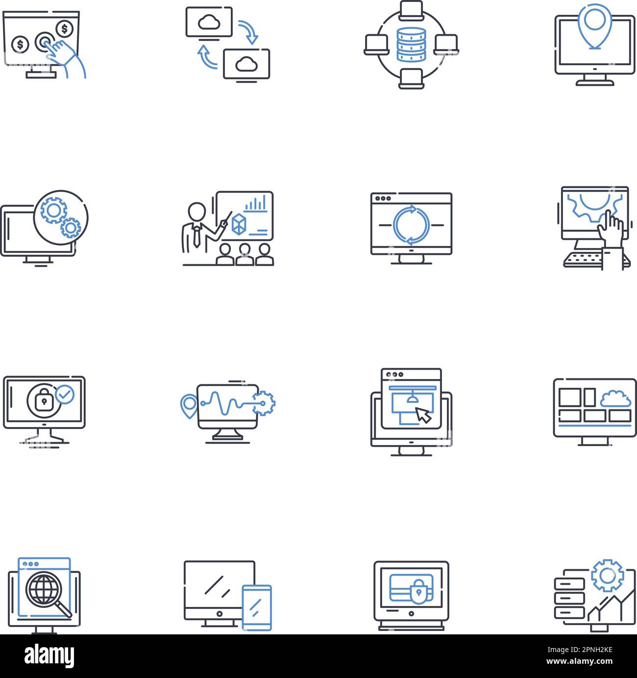 Electronic Communication line icons collection. Email, Attachment, Text, Social, Blog, Tweet, Call vector and linear illustration. Video,Voice Stock Vector