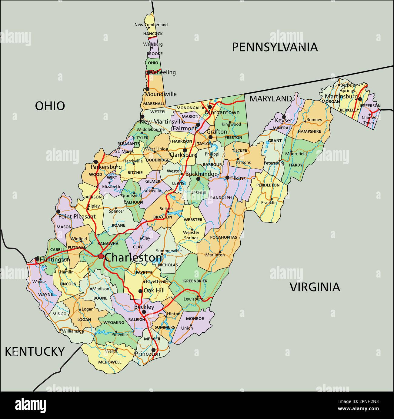 West Virginia - Highly detailed editable political map with labeling ...
