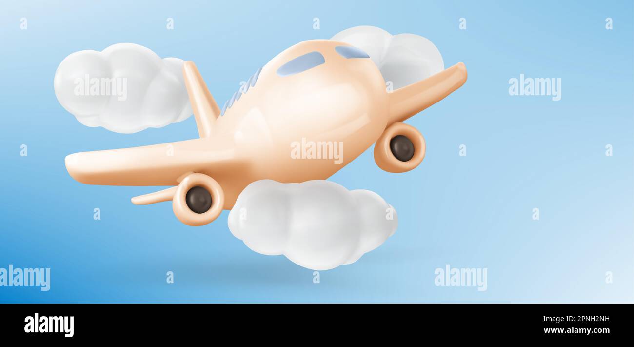 3d plane in air. Concept of travel, flight, trip with aeroplane in sky with white clouds. Vector cartoon illustration with commercial jet, aircraft flying in blue sky Stock Vector