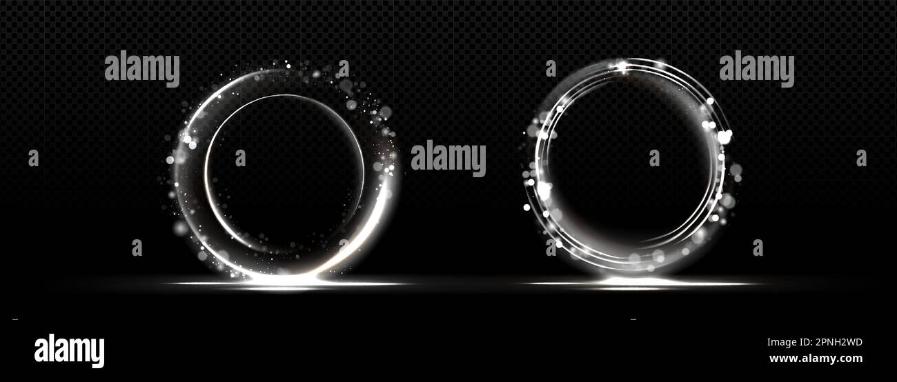 Realistic set of white circles sparkling on black transparent