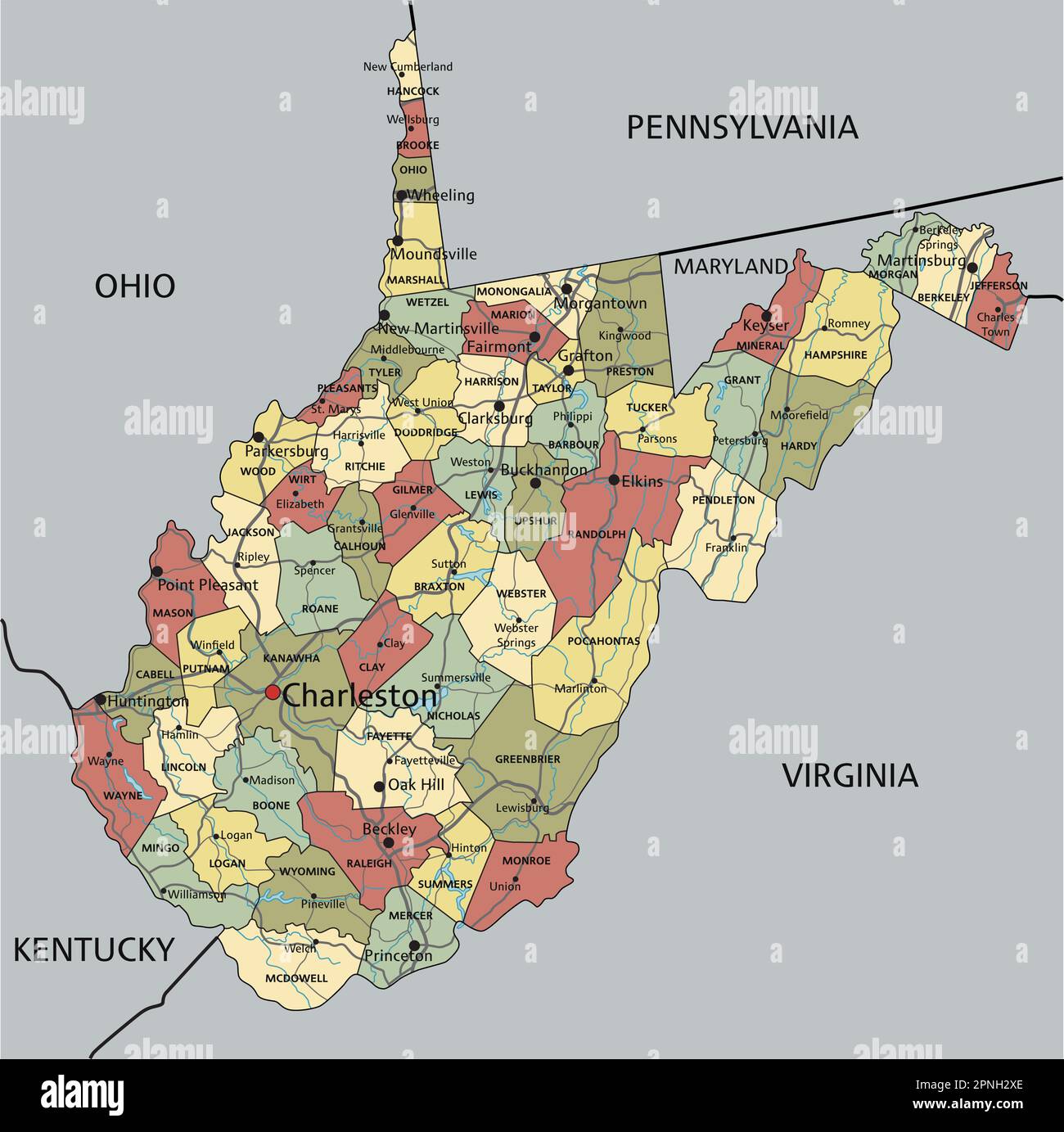 West Virginia - Highly detailed editable political map with labeling 