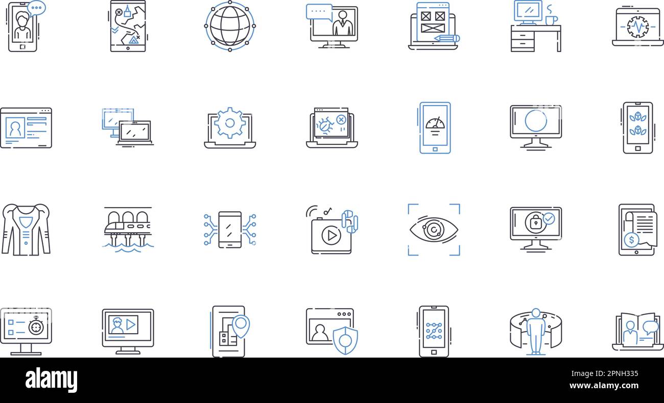 Computerized line icons collection. Automated, Digital, Electronic, Programmed, Robotic, Virtual, Algorithmic vector and linear illustration. Cloud Stock Vector