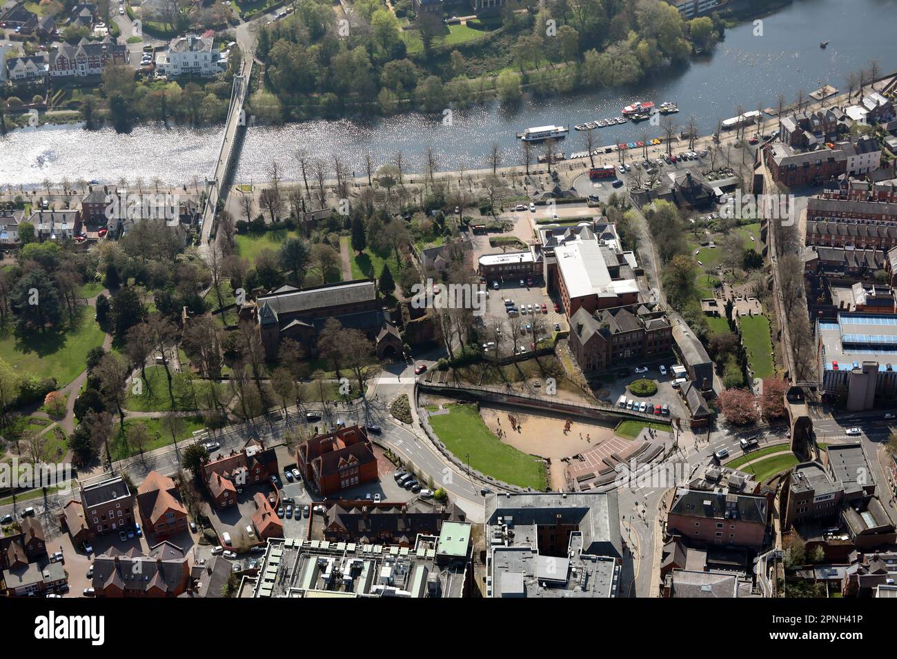 aerial view of Chester, looking south from the Roman Amphitheatre near Vicar's Lane towards the River Dee with Queens Park Bridge in top left Stock Photo