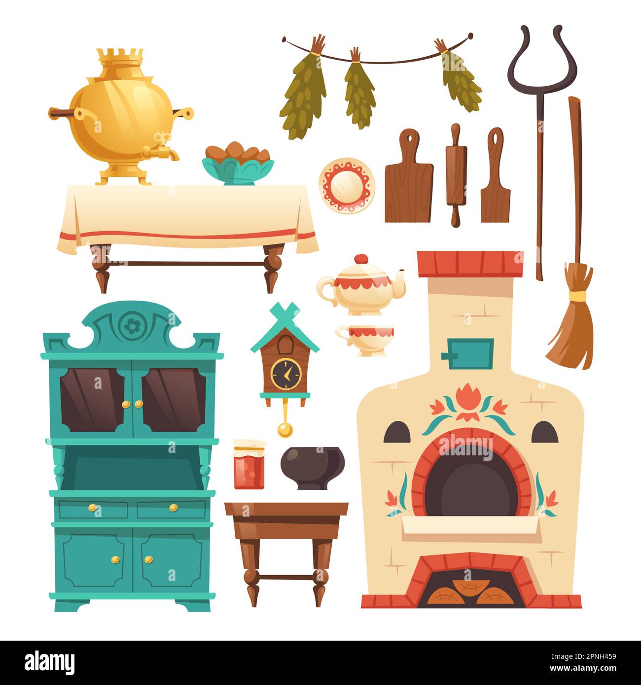 Interior elements of old russian kitchen with oven, samovar, cuckoo-clock and grip. Vector set of traditional ukrainian ancient furniture in rural house with stove isolated on white background Stock Vector