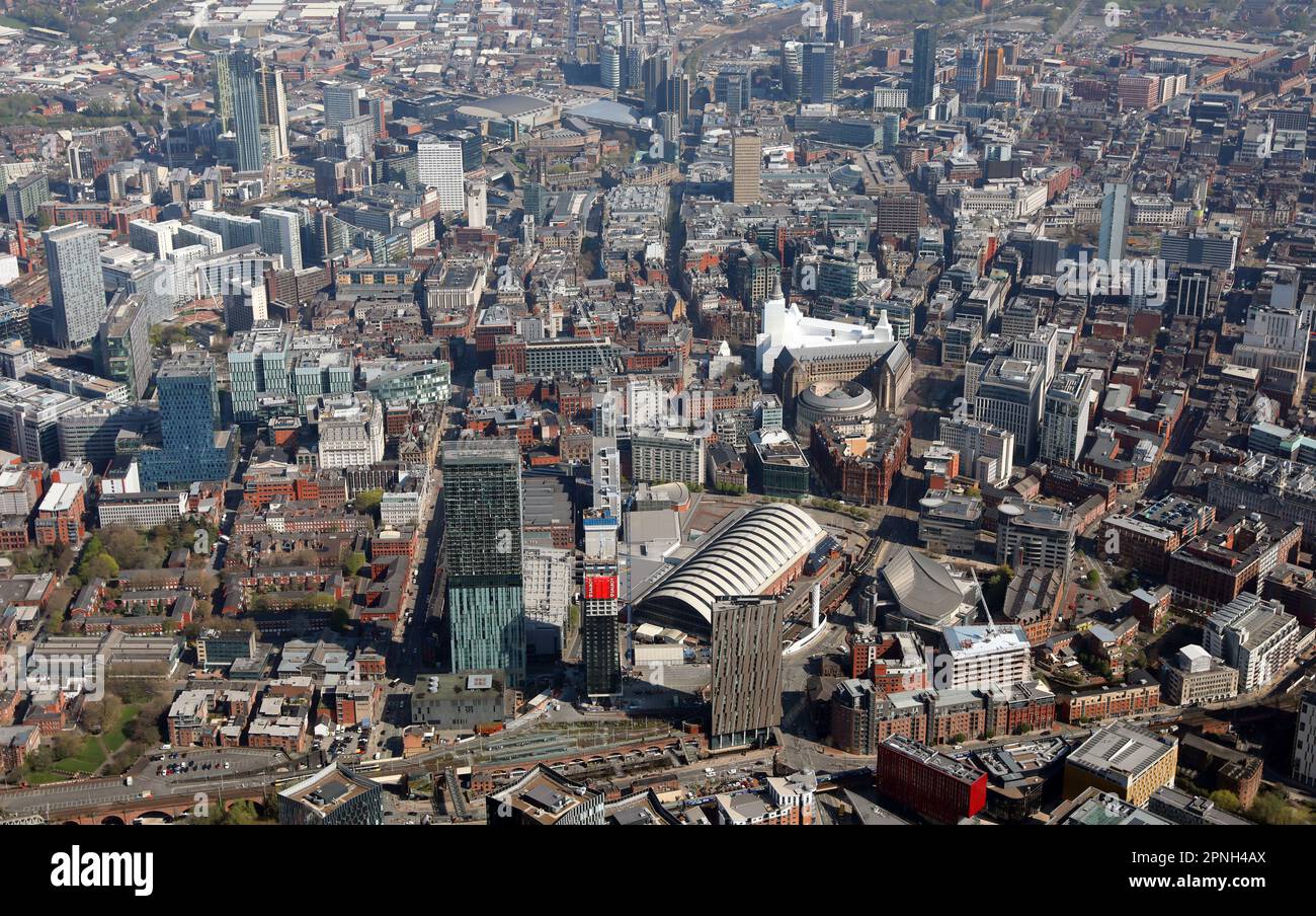Aerial view of Manchester city centre, UK. This shot taken looking North East looking up Deansgate from over Deansgate Station. Stock Photo