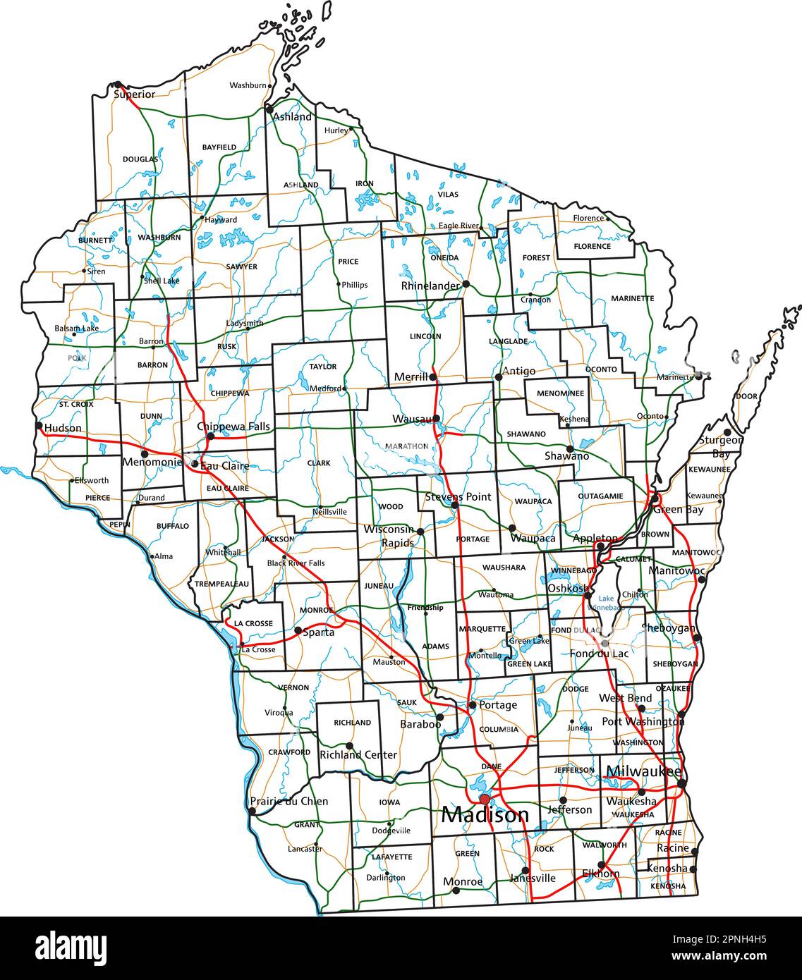 Wisconsin road and highway map - Wisconsin Road And Highway Map Vector Illustration 2PNH4H5