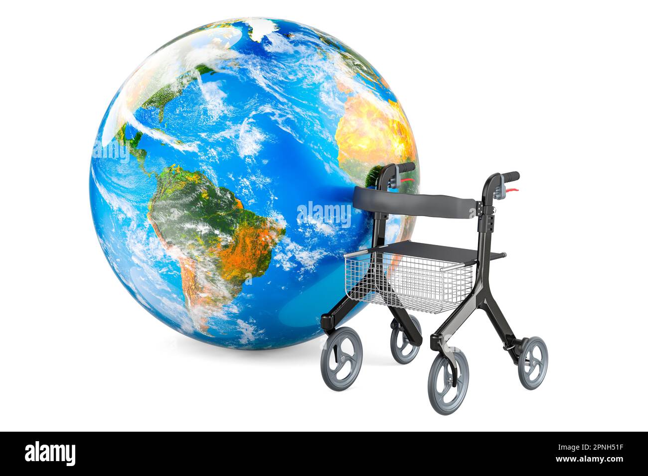 Rollator for elderly with Earth Globe, 3D rendering isolated on white background Stock Photo