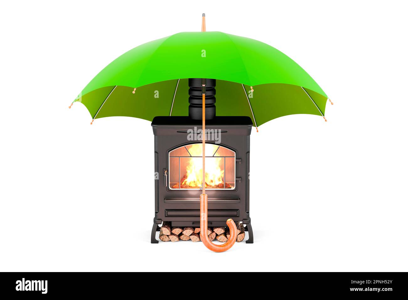 Potbelly stove, wood burner stove under umbrella, 3D rendering isolated