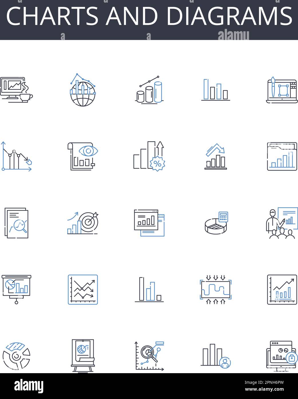 Charts and diagrams line icons collection. Segmentation, Consumer behavior, Competitive analysis, Demographics, Trends, Perception, Insights vector Stock Vector