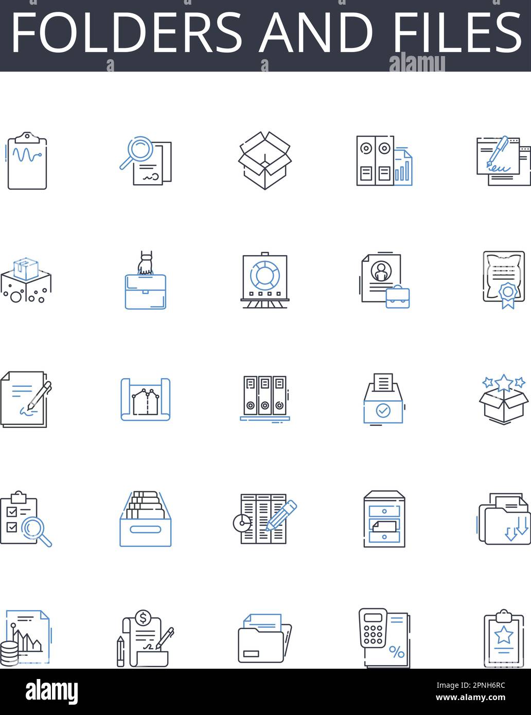 Folders and files line icons collection. SMS, QR Codes, Location-based, Apps, Responsive, Targeted, Engagement vector and linear illustration. Push Stock Vector