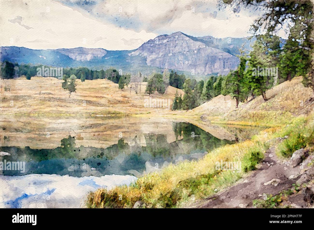 Digitally created watercolor painting of the shoreline of Trout Lake at