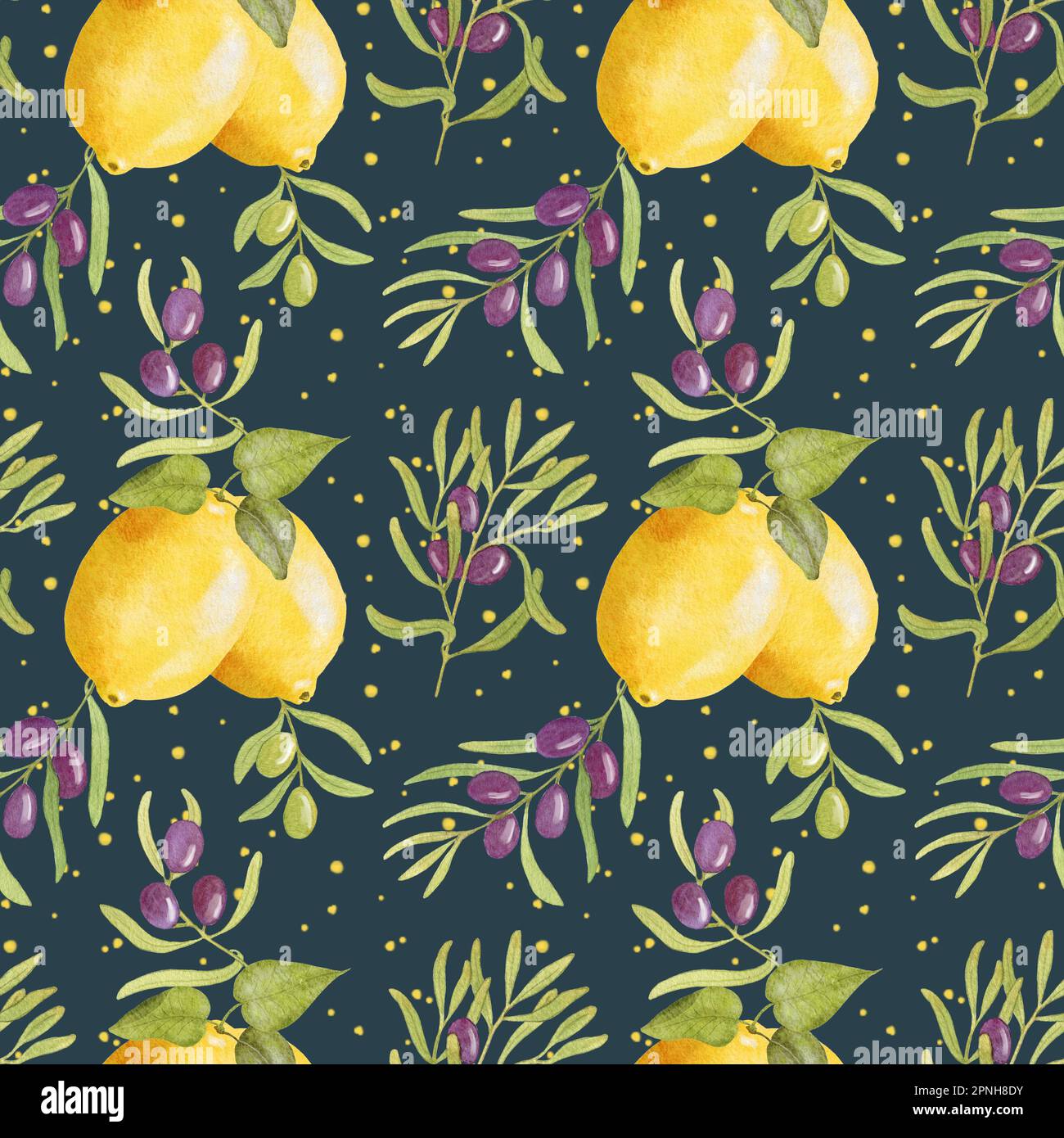 Watercolor Lemon Olive pattern. Seamless pattern with Lemons and Olive ...