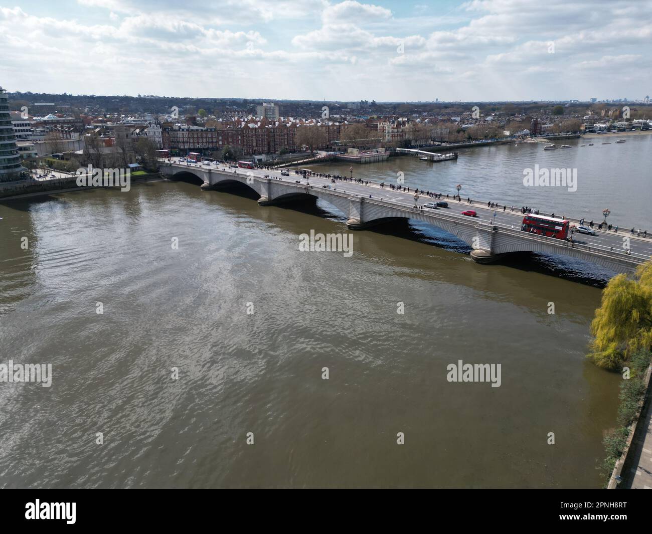 Establishing shot Putney Bridge London UK drone aerial view Stock Photo