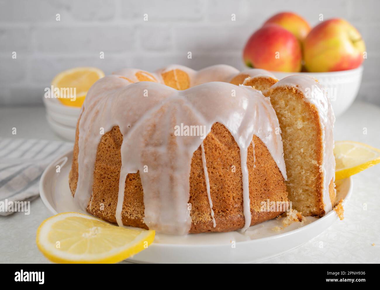 Lemon bundt cake with glaze Stock Photo