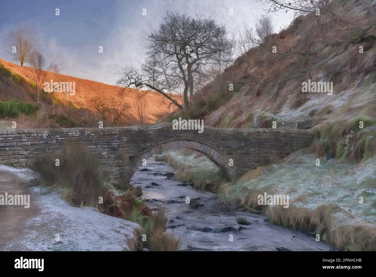 Digital painting of a packhorse bridge at Goyt valley within the Peak District National Park. Stock Photo