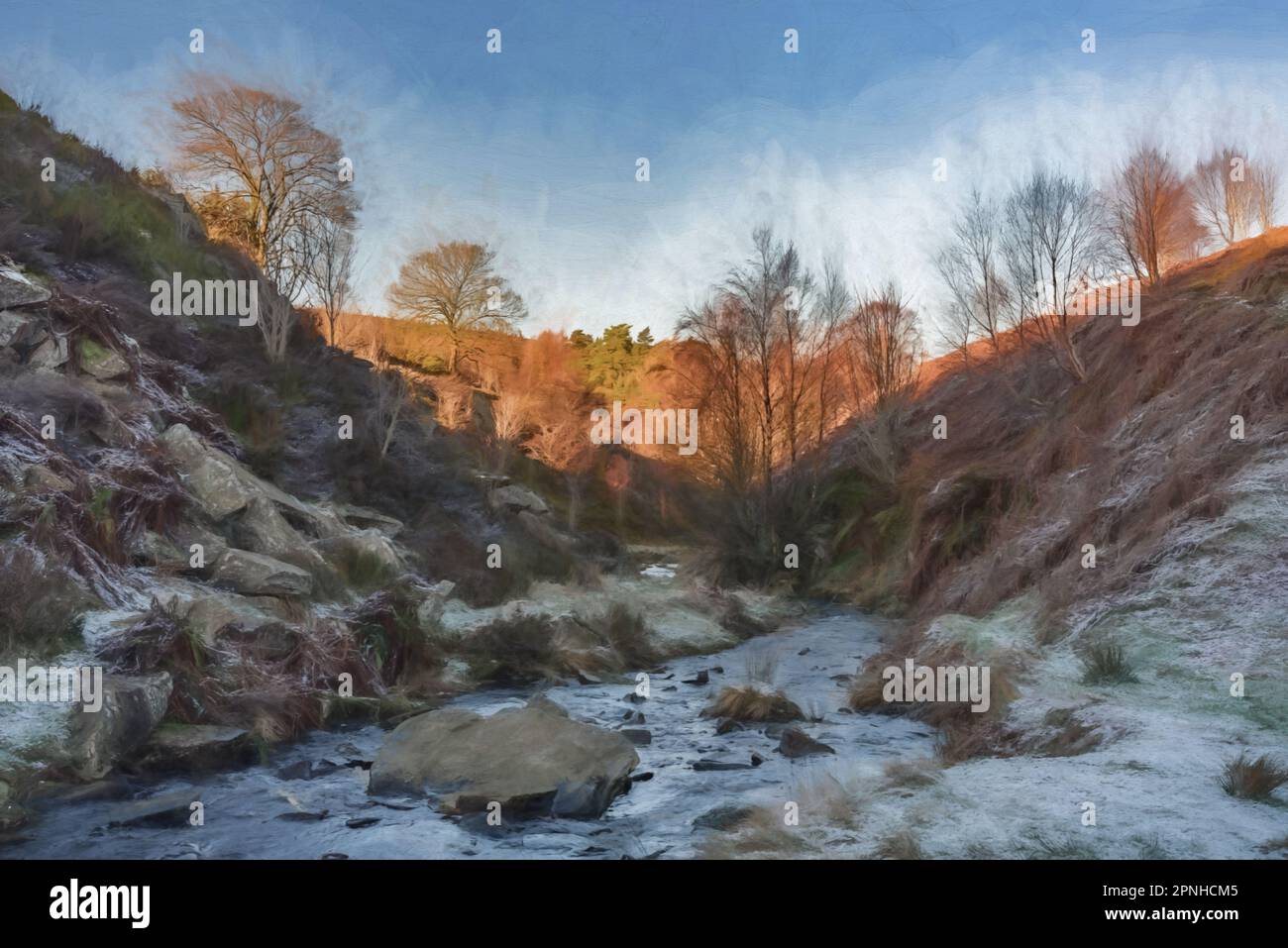 Digital painting of a packhorse bridge at Goyt valley within the Peak District National Park. Stock Photo